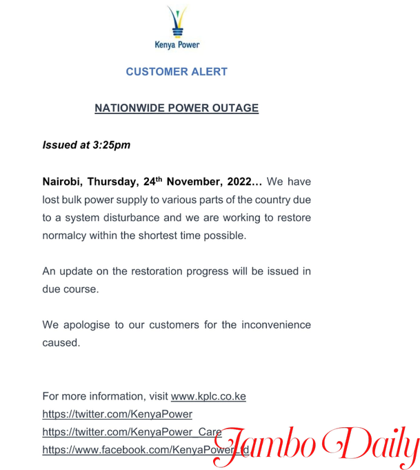 Kenya power outage notice 24th November 2022